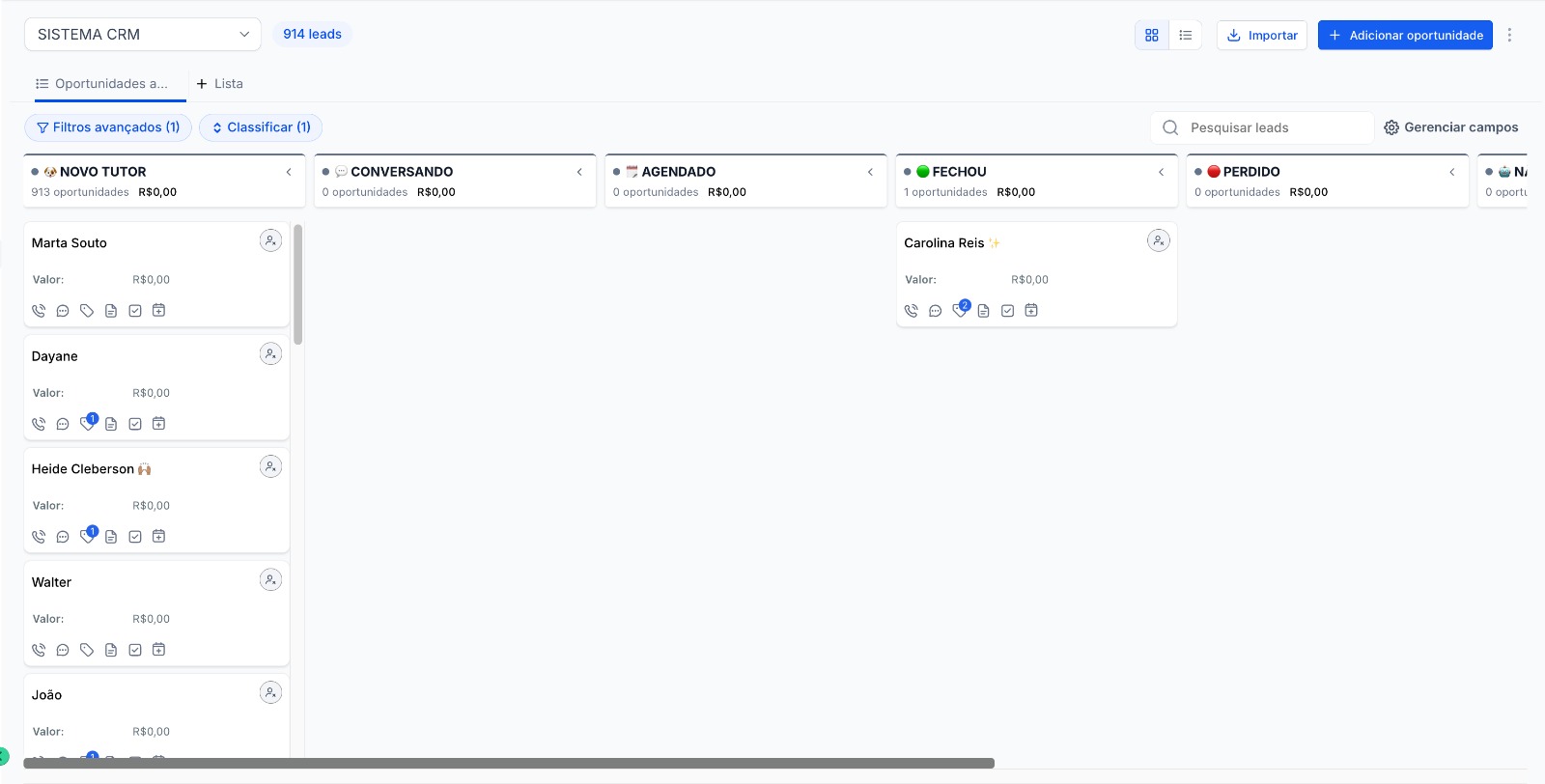 CRM com funil de retenção de tutores